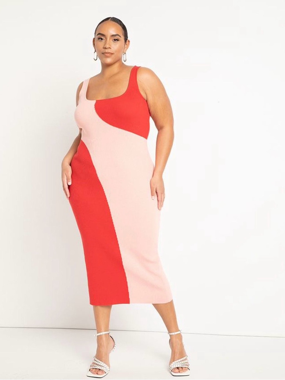 Eloquii Colorblock Midi Dress 22/24 Pink Red Knit Plus Size Bodycon